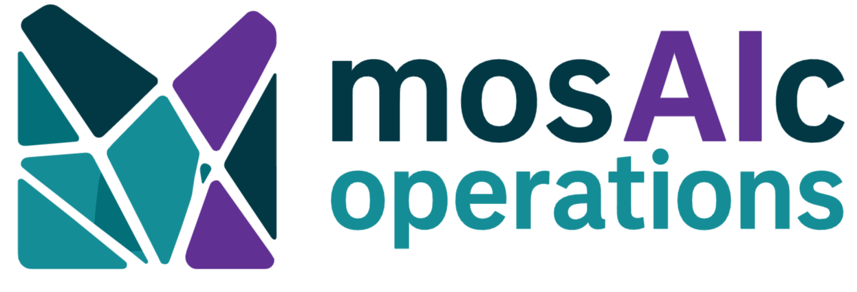 mosAIc operations logo featuring a geometric mosaic icon in teal and purple alongside the mosAIc operations company name