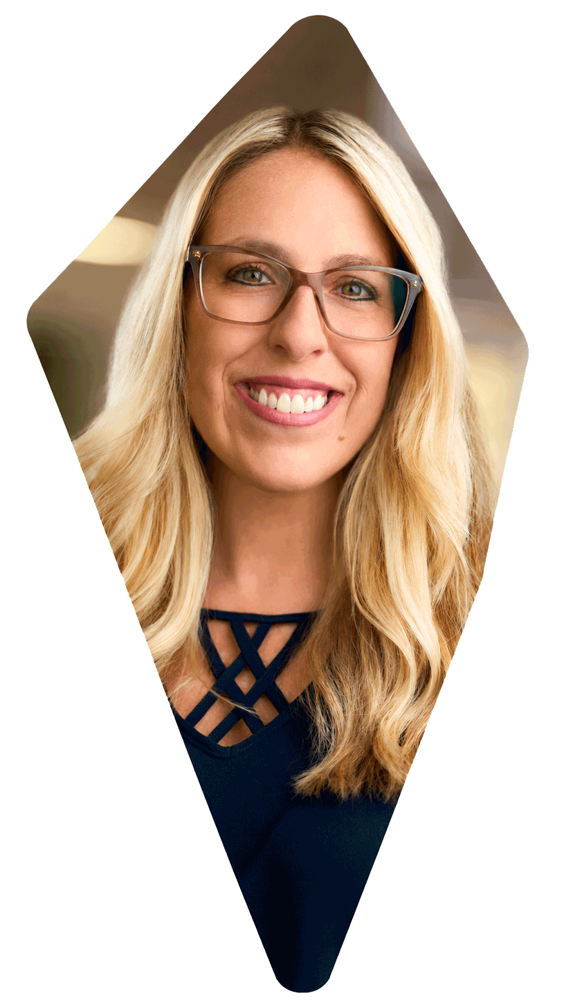 Mandy Shaffer, founder of mosAIc operations in a diamond shape